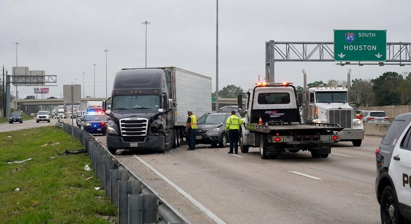 Aftermath of a semi truck crash in Houston showing legal and medical response